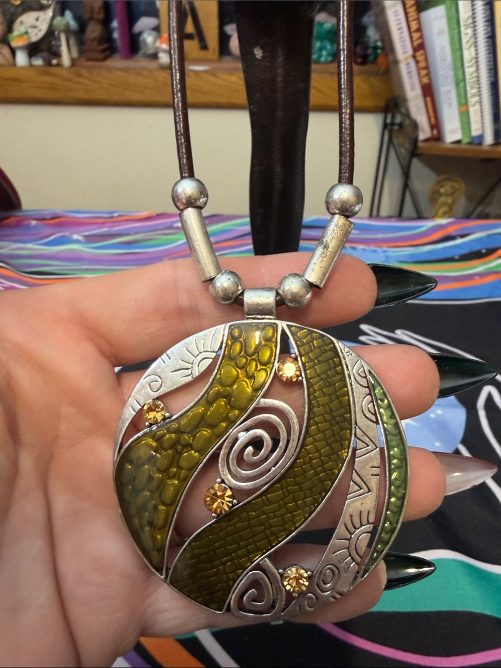 Olive Green Enamel Swirl Pendant Necklace with Amber Accents